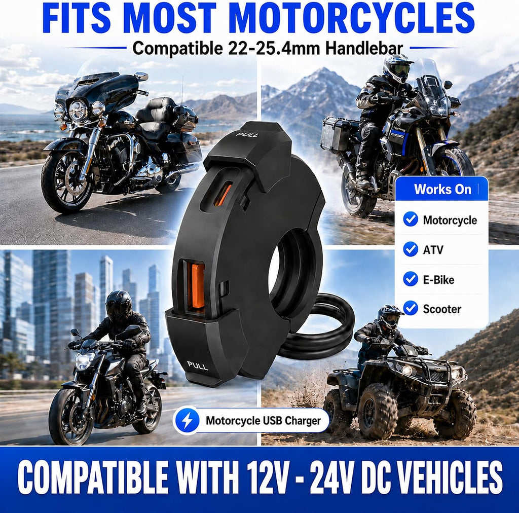 Upgraded 48W Motorcycle Phone Charger IP65 Waterproof Motorcycle USB Charger,Dual Port USB Type-C Handlebar Charger 3.0 Fast Charge Adapter,Sae to USB Quick Charging Socket for Phone/Tablet/GPS/Camera