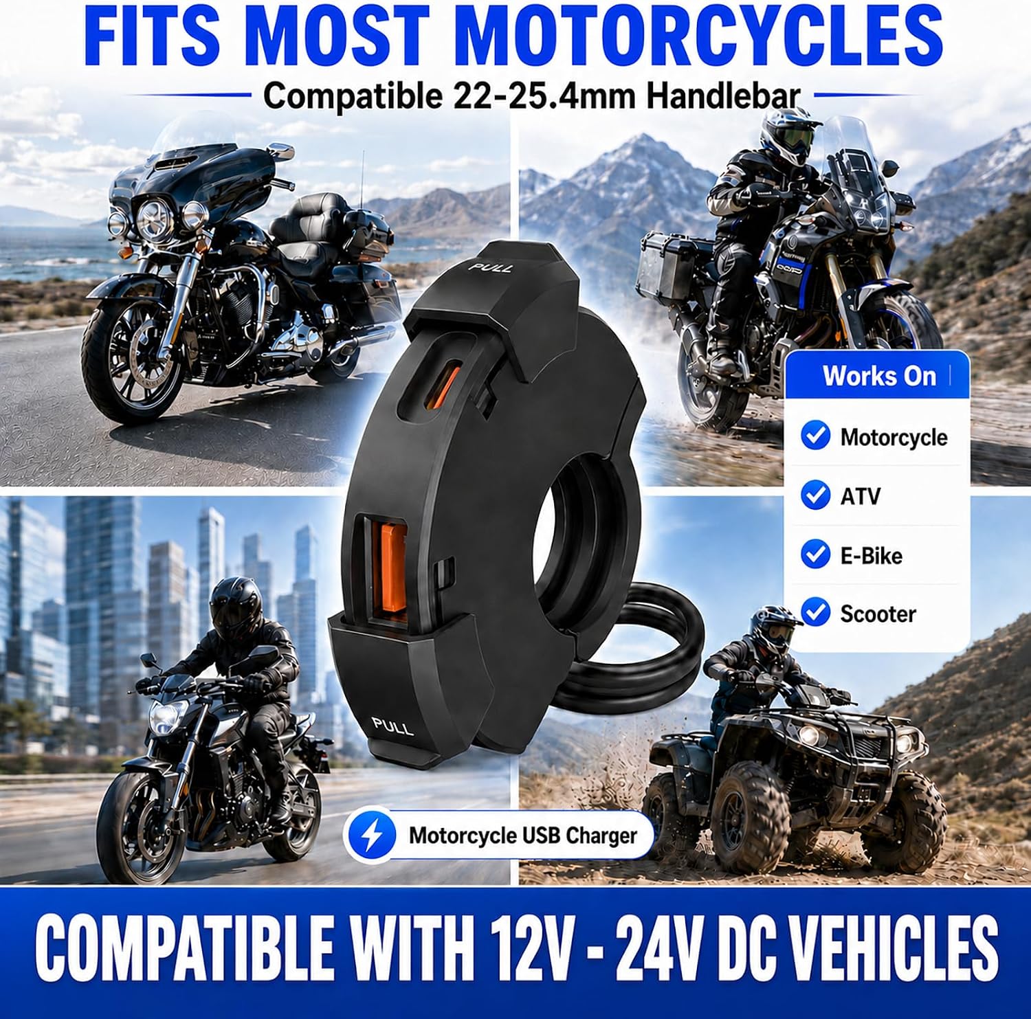 Upgraded 48W Motorcycle Phone Charger IP65 Waterproof Motorcycle USB Charger,Dual Port USB Type-C Handlebar Charger 3.0 Fast Charge Adapter,Sae to USB Quick Charging Socket for Phone/Tablet/GPS/Camera