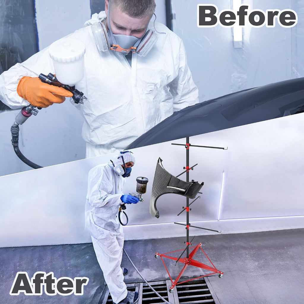 71 Inch Panel Tree Paint Stand with 6 Hook Levers, Automotive Paint Stand with Adjustable Center Post and 4 Casters, Hang Automotive Panels, Doors, Fenders, Bumpers, Car Parts, Auto Body Paint Stand