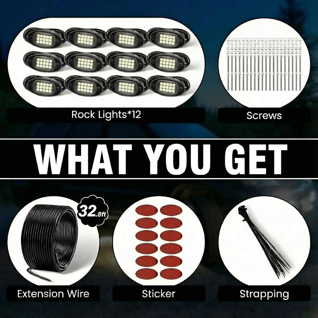 YONEDA 12 Pods White Rock Lights 6000K Pure White LED Underglow Lights IP68 Waterproof for Trucks SUV UTV ATV RZR Car Boats Motorcycle with 32.8ft Extension Wire