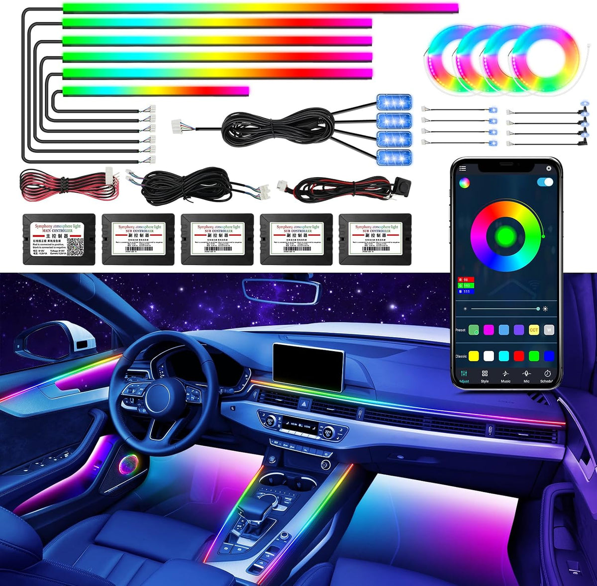 WEBUPAR Dreamcolor Acrylic Car Interior Led Kit, Car Accessories 22 in 1 RGB
