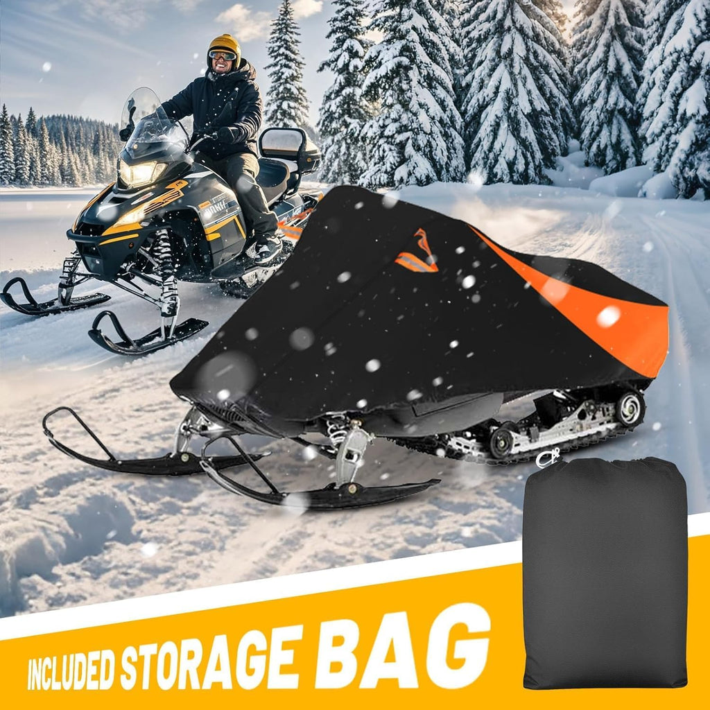 Trailerable Waterproof Snowmobile Cover, Compatible with Polaris Ski Doo Arctic Cat Yamaha, Windproof Snowshield Cover with Windproof Buckles (130''L × 51''W × 48''H) Black and Orange