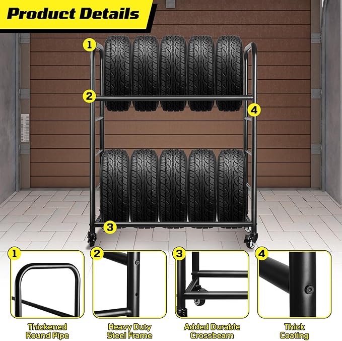 Tire Rack, Rolling Tire Rack 218KG/480LBS Capacity, 2 Storage Shelf & 4 Swivel - Image 4