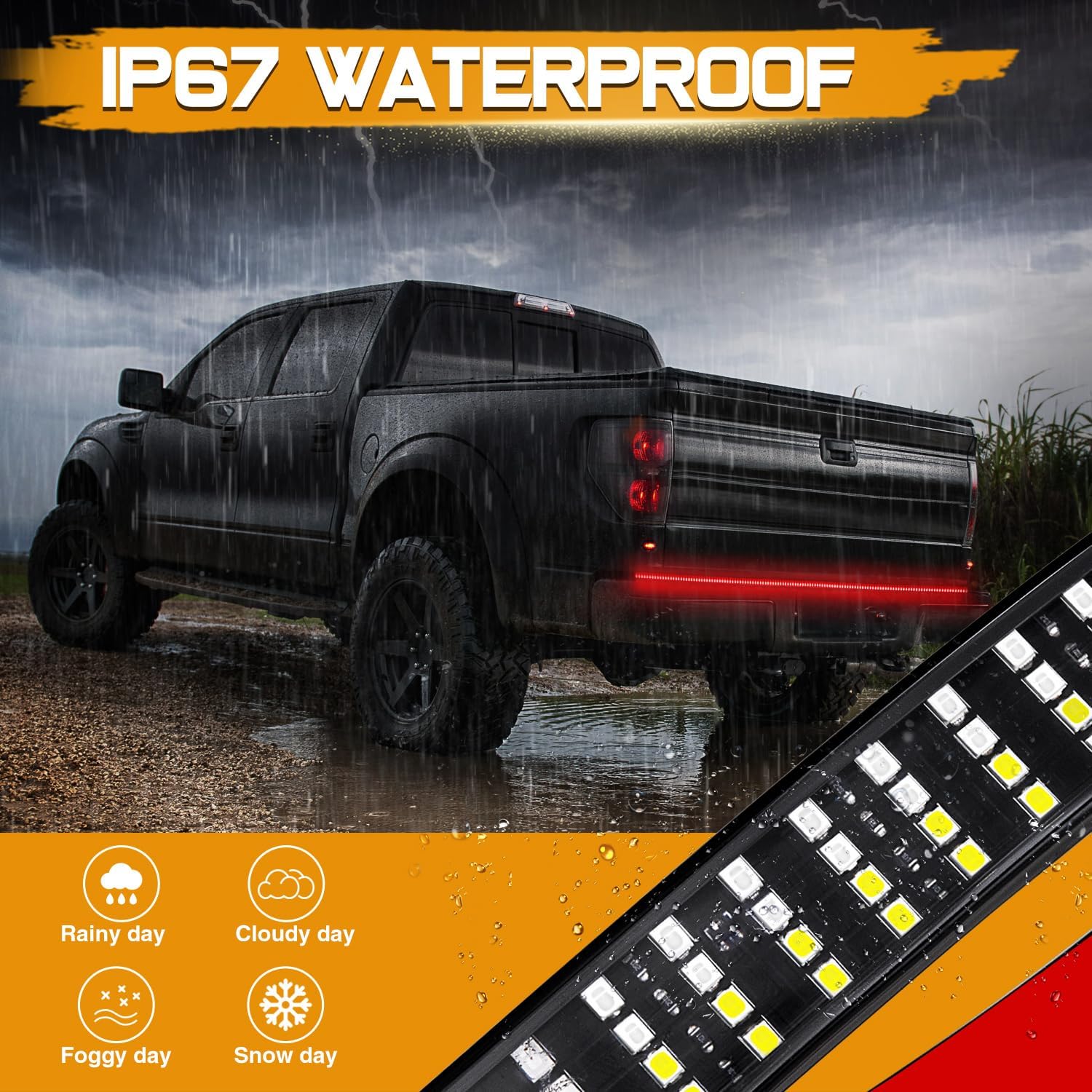 60 Inch LED Truck Tailgate Light Strip Quad Row Bed Tail Light 5 Function Red Brake, White Backup Reverse, Red Turn Signal Strobe Light for Pickup Trucks SUV RV Van Dodge Ram