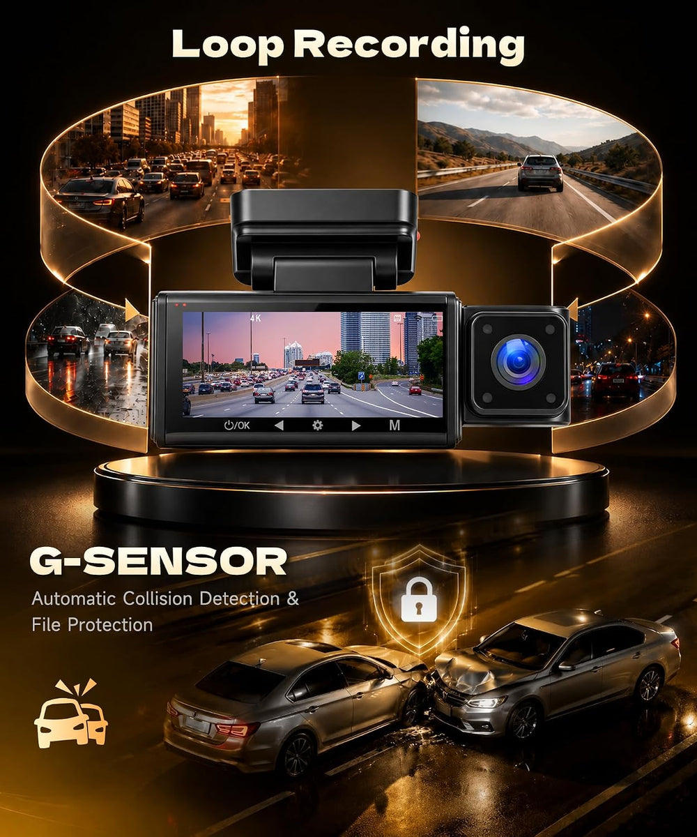 4K+2K+2K 3 Channel Dash Cam Front Rear Inside Car Camera, 64GB Card