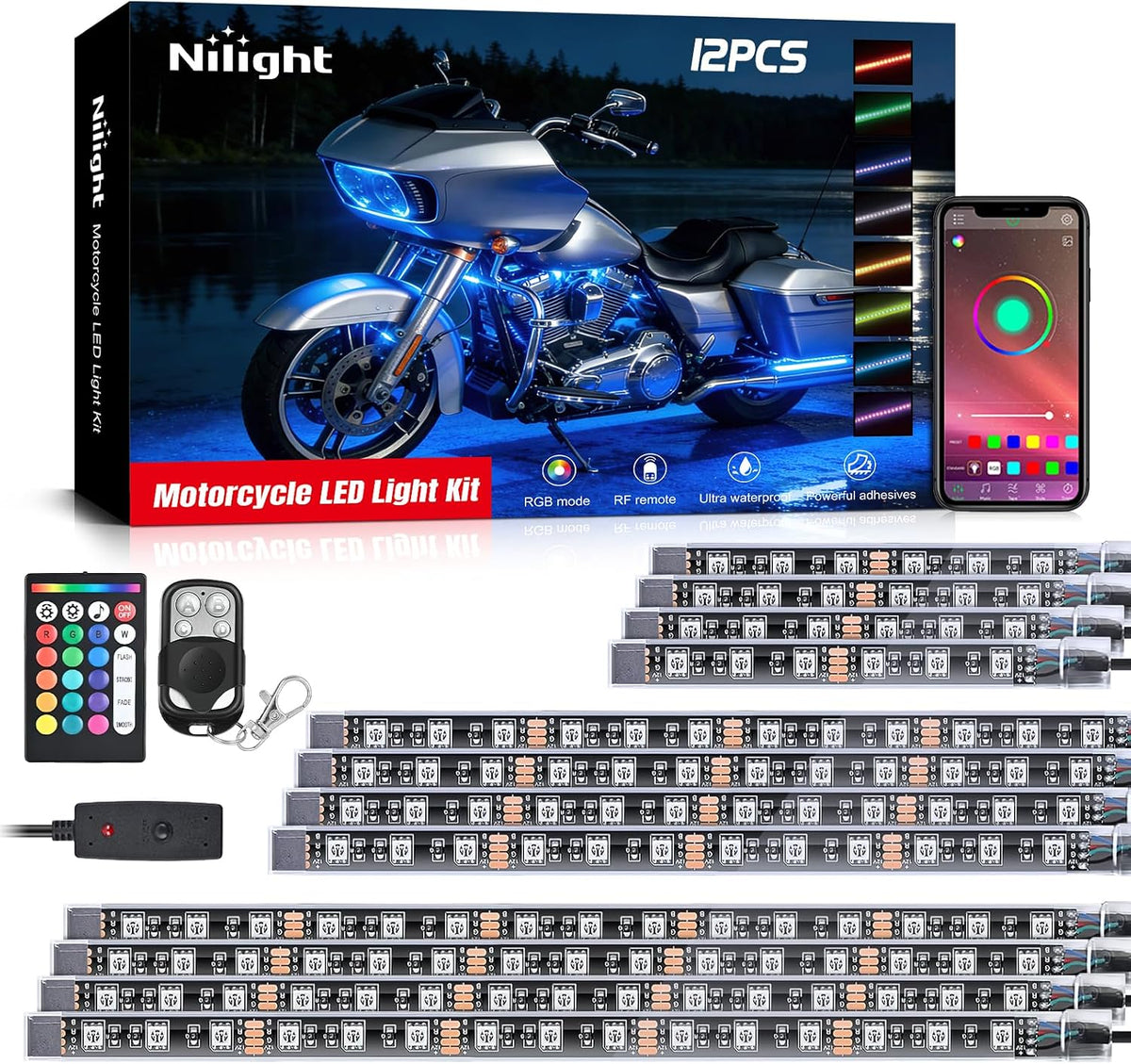 nilight 12pcs motorcycle rgb led light kit app, main product view