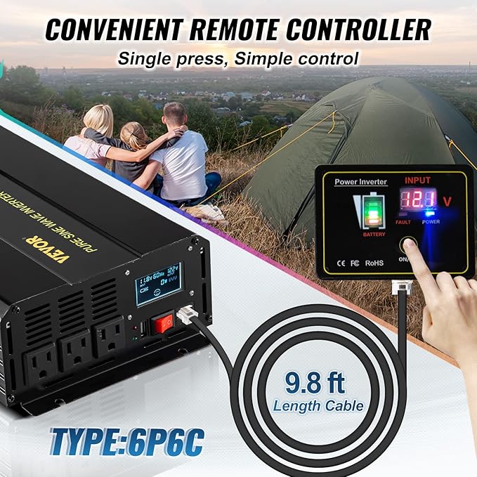 VEVOR 2500W Pure Sine Wave Inverter, 12V DC to 120V AC Car Inverter, 3 AC - Image 4