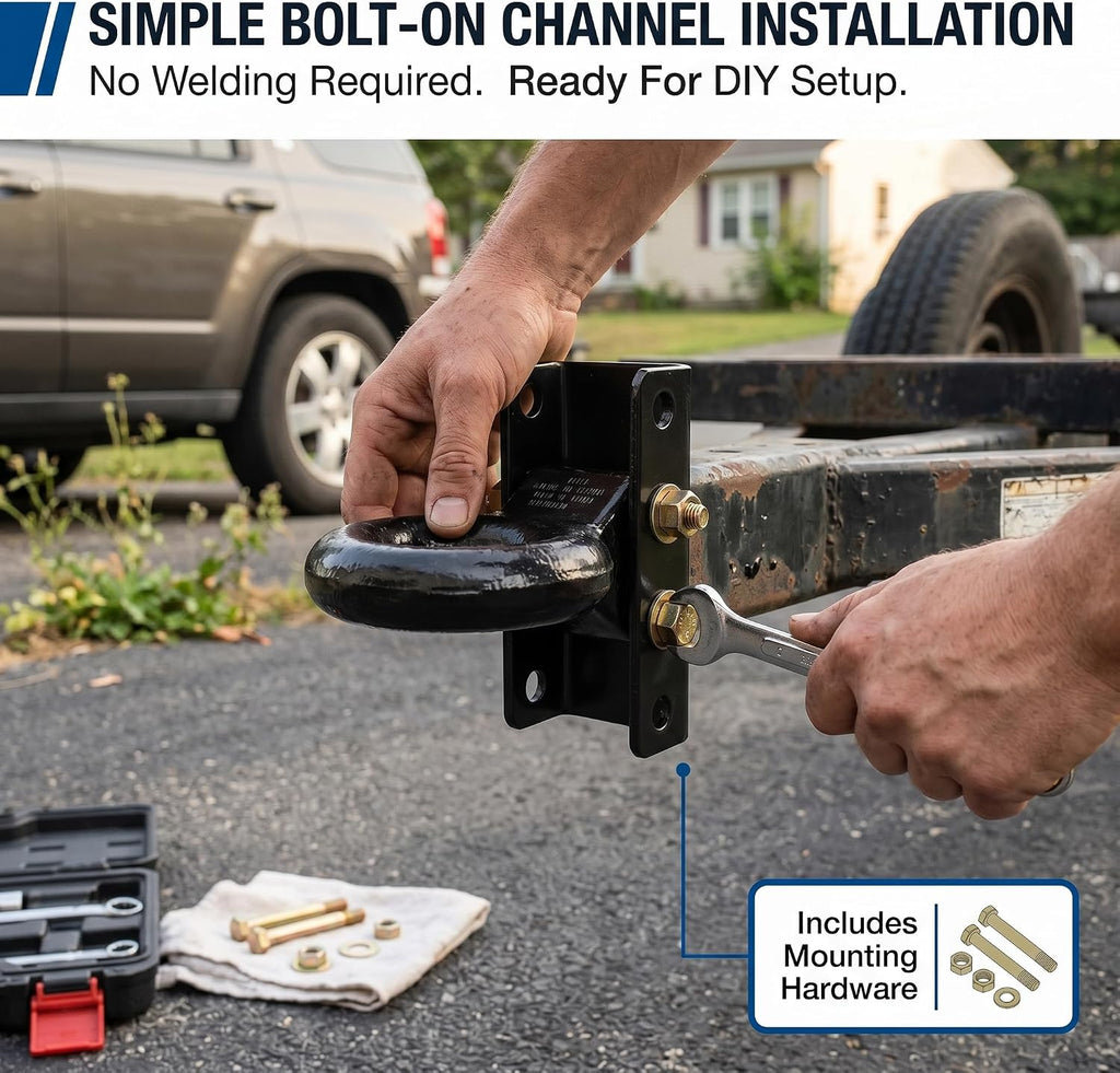 3 Inch Adjustable Lunette Ring for 14000 lbs Pintle Hitch Trailer Towing | Forged steel tri-level channel mount coupler eye; replaces flatbed utility parts; fits agricultural construction hauling