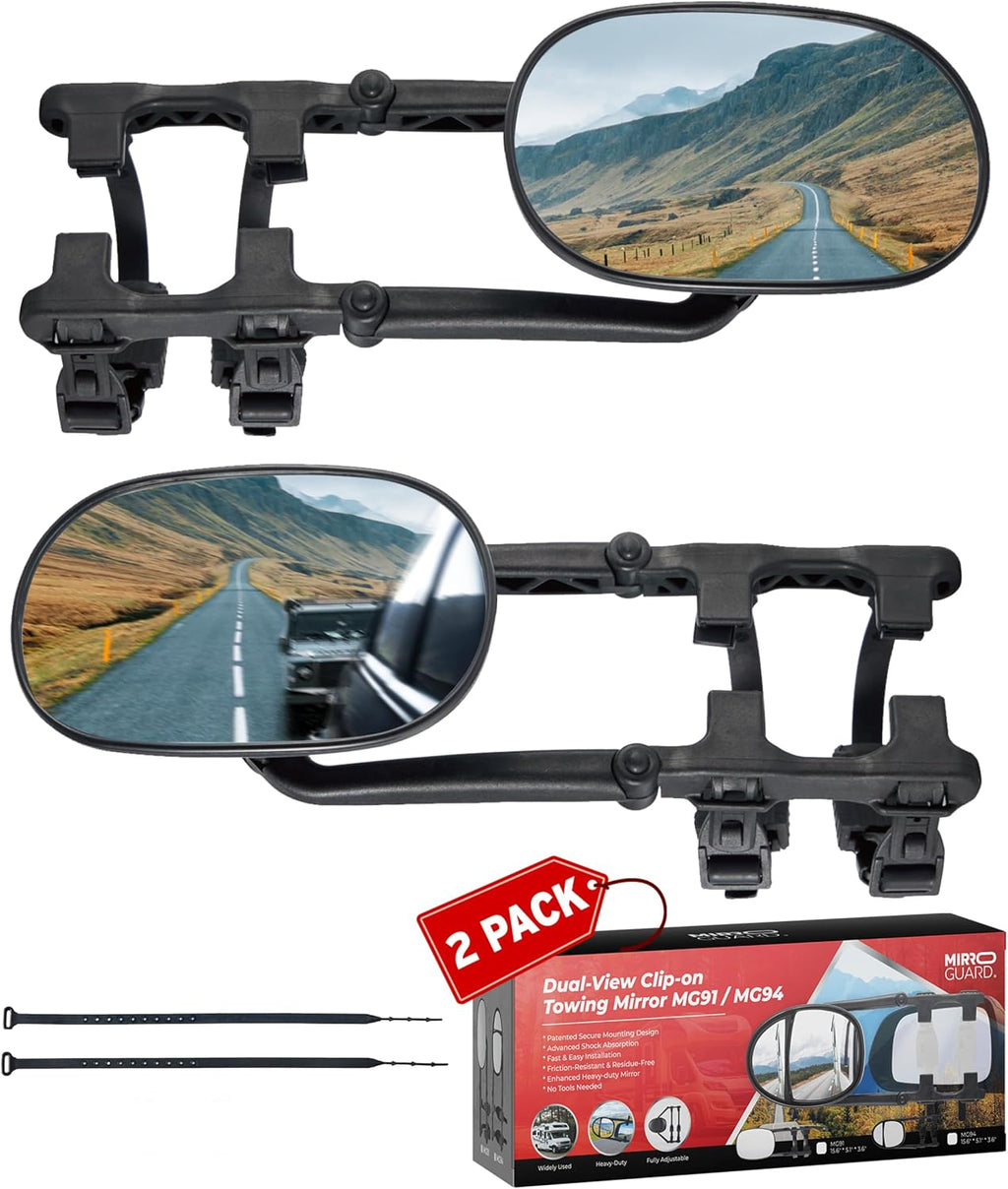 MG91 Dual-Arm Towing Mirrors for Trucks, SUVs, RVs & Trailers | Dual-arm support with extra securing straps and a rubber strap helps reduce vibration on highways and rough roads. Black.