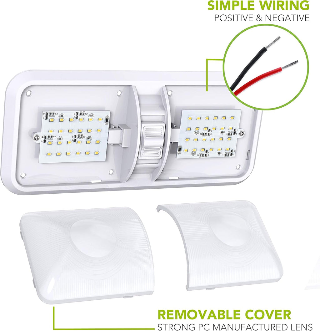 2 Pack RV LED Ceiling Double Dome Light Fixture with ON/Off Switch Interior Lighting for Car/RV/Trailer/Camper/Boat DC 12V 48X2835SMD (Frosted Lens Natural White 4000-4500K, 2-Pack)