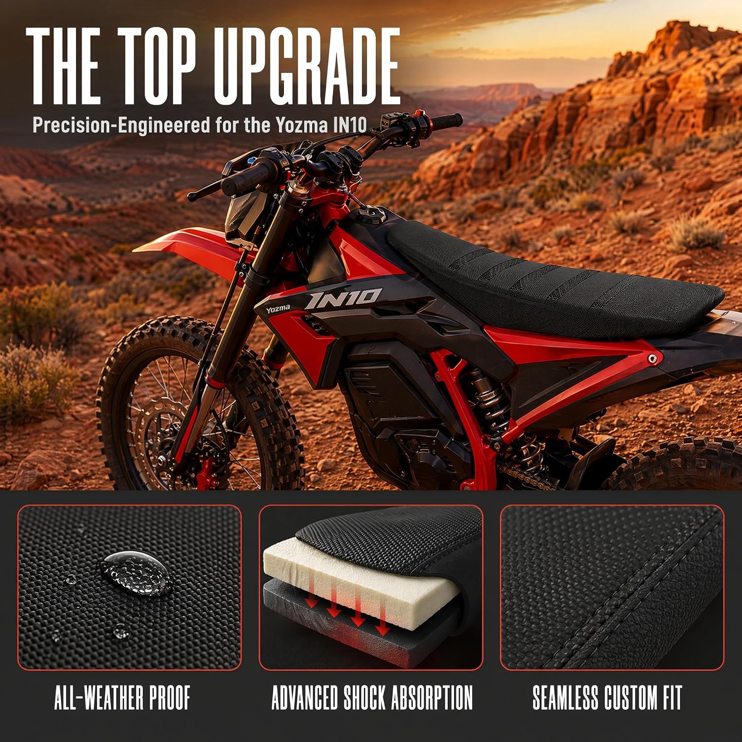 Seat Cover Compatible with Yozma IN10 Electric Dirt Bike, Black | Heavy Duty PVC, Non-Slip Striped, Custom Fit, Motorcycle Seat Protector