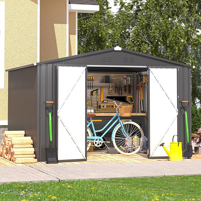 AECOJOY 10' x 8' Shed, Outdoor Metal Storage Shed, Dark Grey Sheds & Outdoor - Image 3