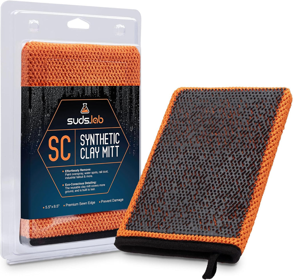 Suds Lab SC Synthetic Clay Mitt for Car Detailing – Reusable Clay Bar Mitt to Remove Paint Overspray, Water Spots, Tree Sap & Rail Dust from Paint, Glass & Plastic