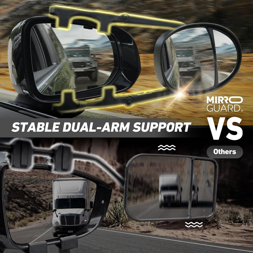 MG91 Dual-Arm Towing Mirrors for Trucks, SUVs, RVs & Trailers | Dual-arm support with extra securing straps and a rubber strap helps reduce vibration on highways and rough roads. Black.
