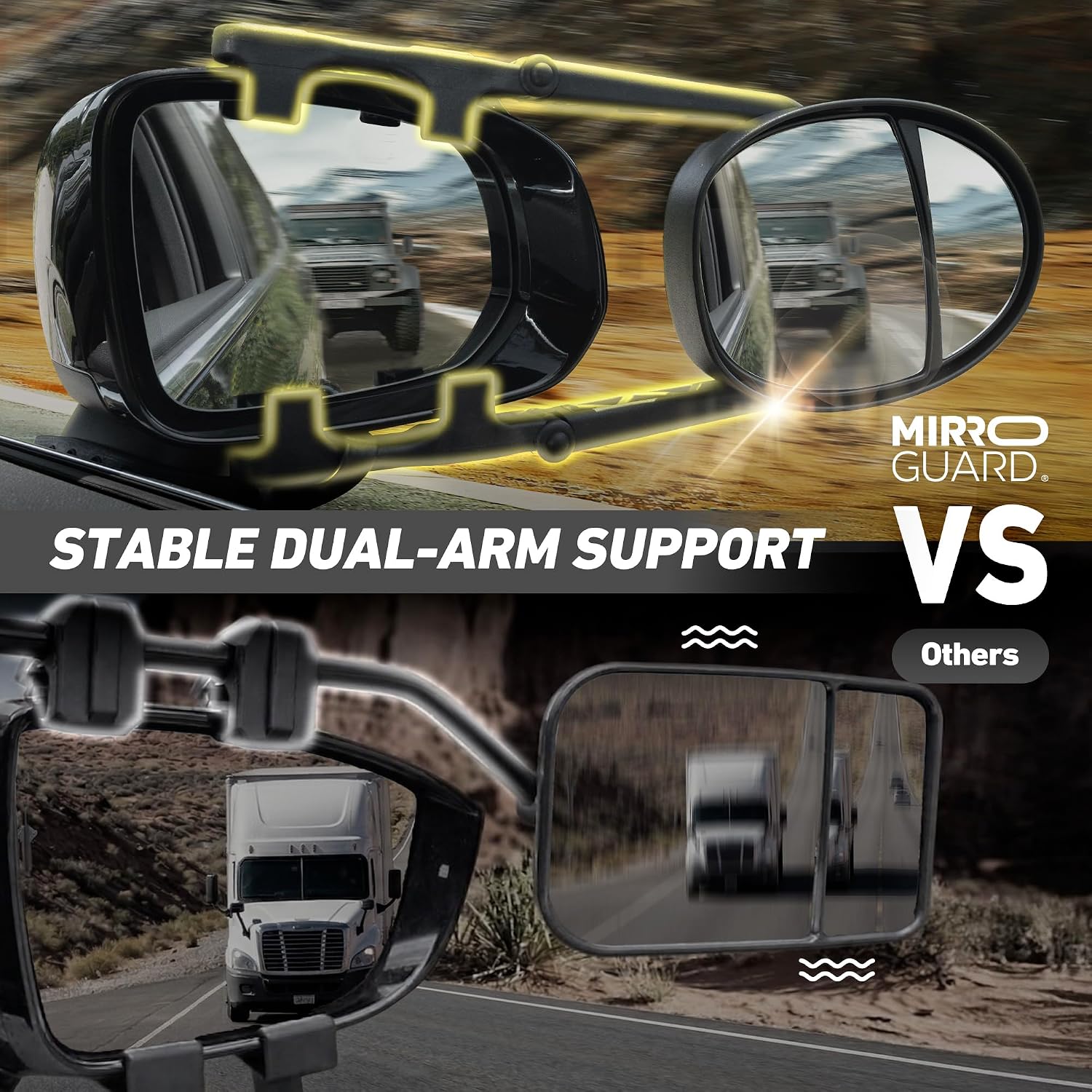 MG91 Dual-Arm Towing Mirrors for Trucks, SUVs, RVs & Trailers | Dual-arm support with extra securing straps and a rubber strap helps reduce vibration on highways and rough roads. Black.