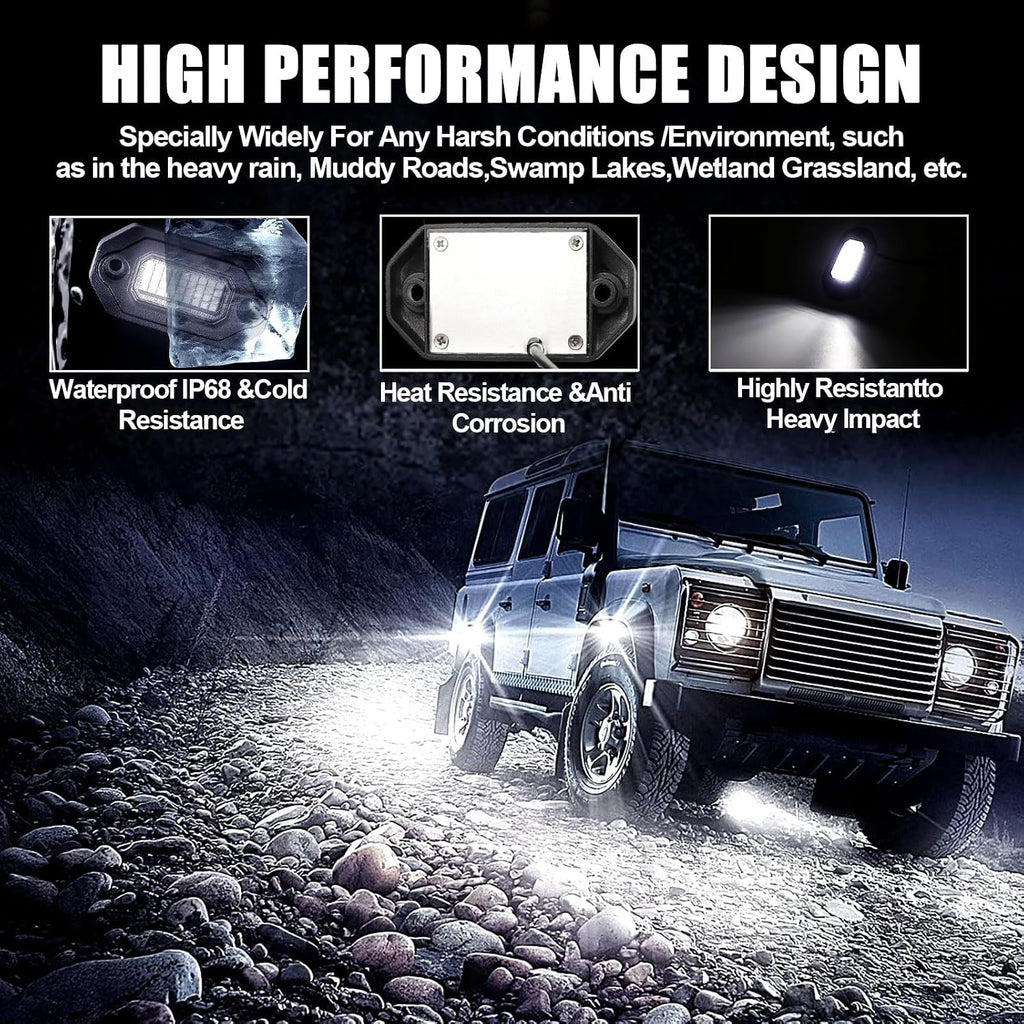 12 Pods Pure White LED Rock Lights and 6500K Super Bright, Aluminum Housing, Each Light with a 15FT Wire,432Chips IP68 Waterproof for Trucks Pickup SUV UTV ATV RZR Car Boats