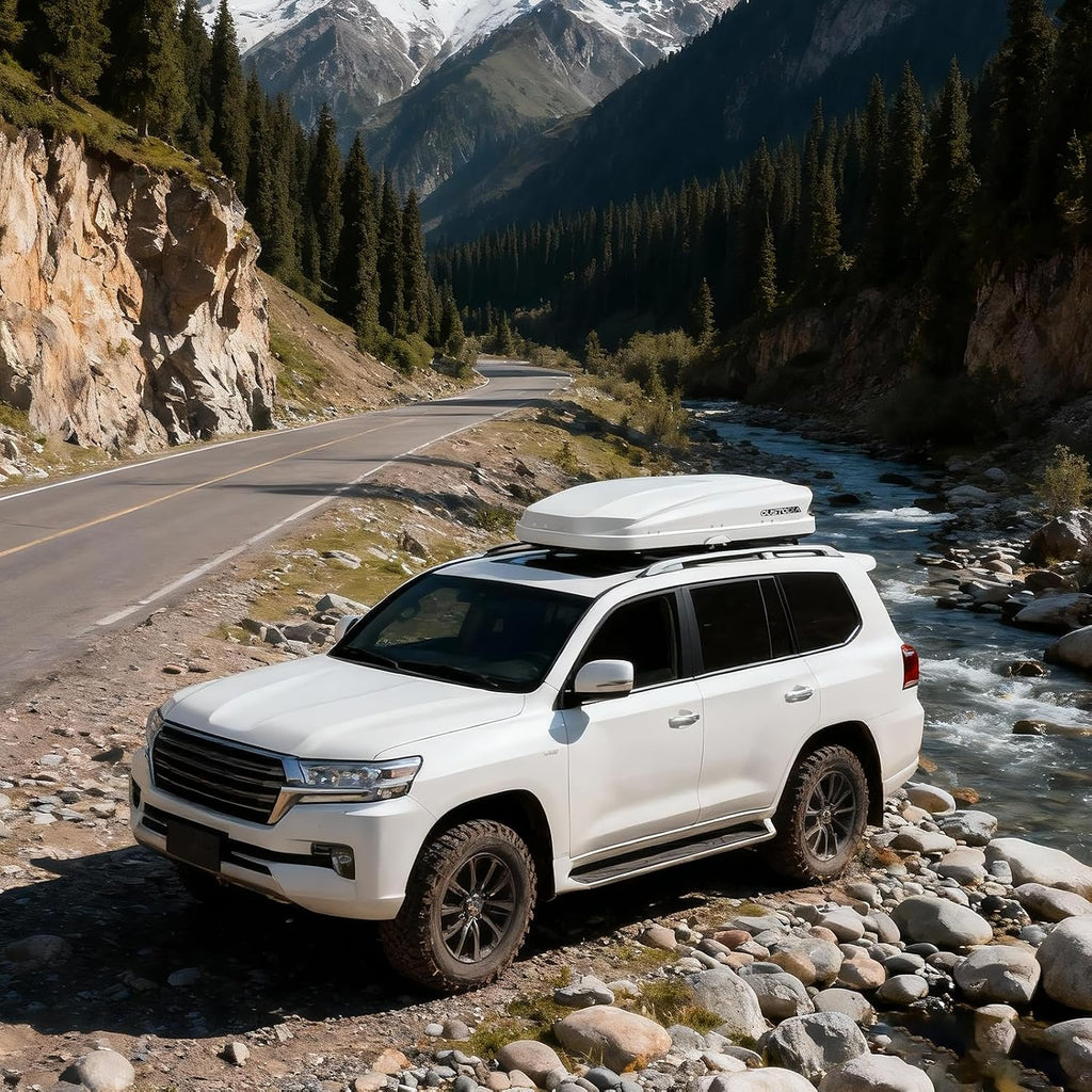 Hard Shell Roof Cargo Carrier White with Security Keys, Roof Box, Cargo Box, 63 (L) x 33 (W) x 14(H) Inches, 14 Cubic Feet (Tool-Free Install) Secure Your Travel with a Reliable Roof Box