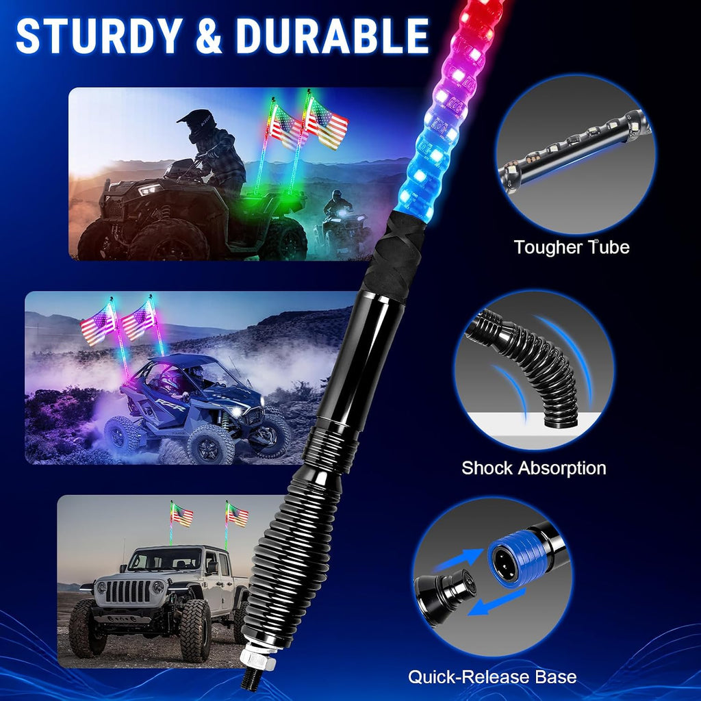 2PCS 3FT Spiral RGB LED Whip Light for UTV, with Spring Base App & RF Wireless Remote Control, Chasing Lighted Antenna Whips for UTV ATV RZR SXS Can-Am Polaris Offroad Truck