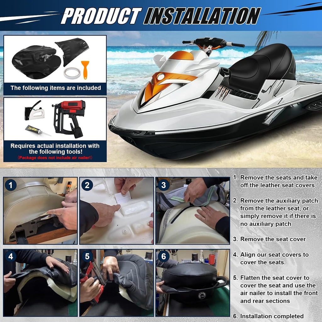 Seat Cover Replacement for SeaDoo 2002-2009 GTX 4-Tec, SC, LTD/RXT, RXT-X 215 255 / Wake 155 215 / GTX DI, High-Elasticity Black PU Leather, with Staple Remover & Installation Accessories