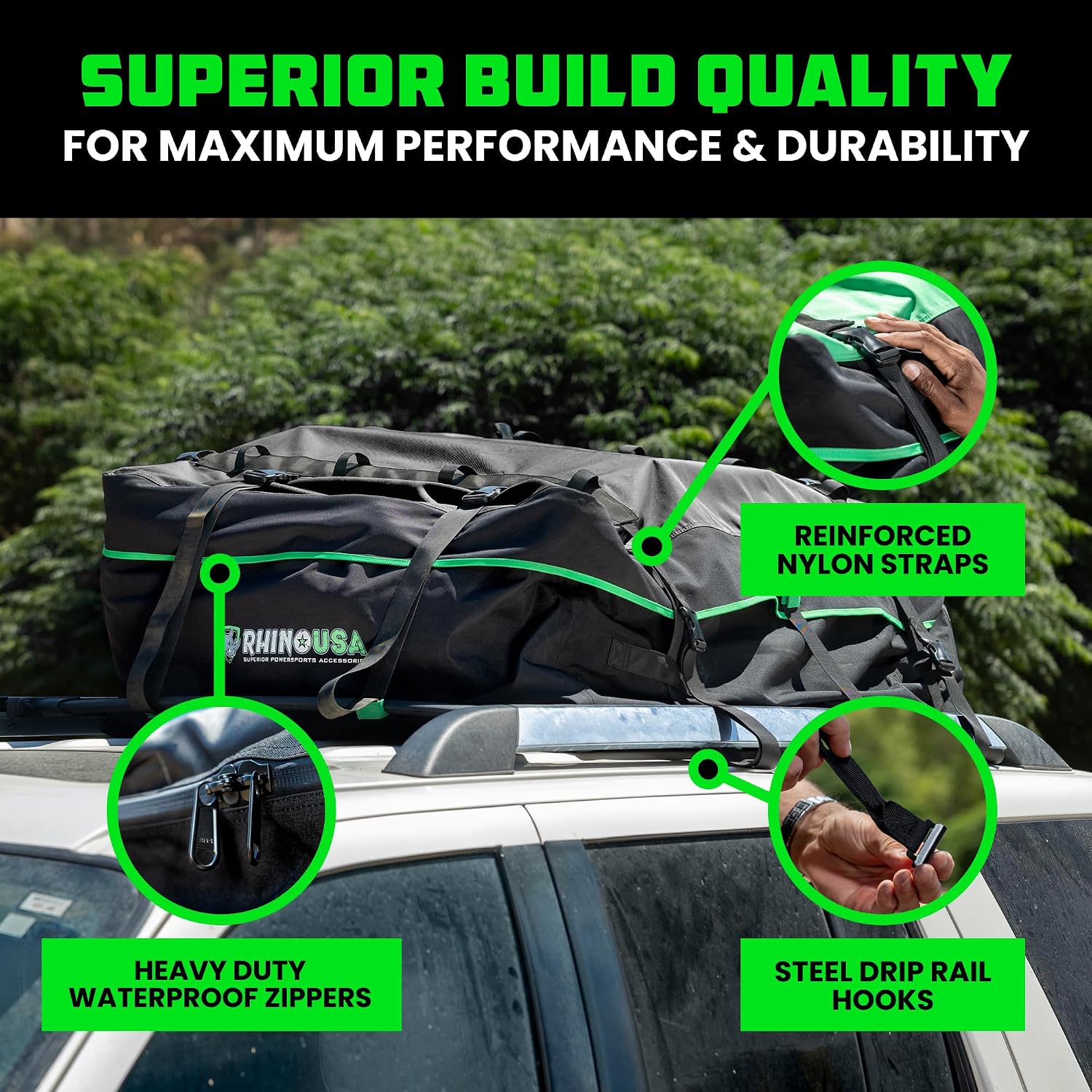 Rhino USA Rooftop Cargo Carrier for Car Storage (17.7 Cubic Feet) Heavy Duty Waterproof Roof Top Bag with Industrial Grade Zippers - Used for All Vehicle with/Without Rack Carriers - Lock Included