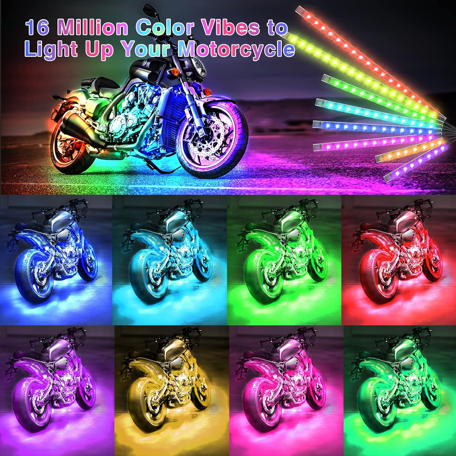 12PCS Motorcycle RGB LED Light Kit with Brake Turn Signal, Underglow Lights with APP/RF Remote,Neon Accent Light MultiColor Dual Zone Waterproof 12V for Sport Bike, Cruiser, Street&Off-Road Motorcycle
