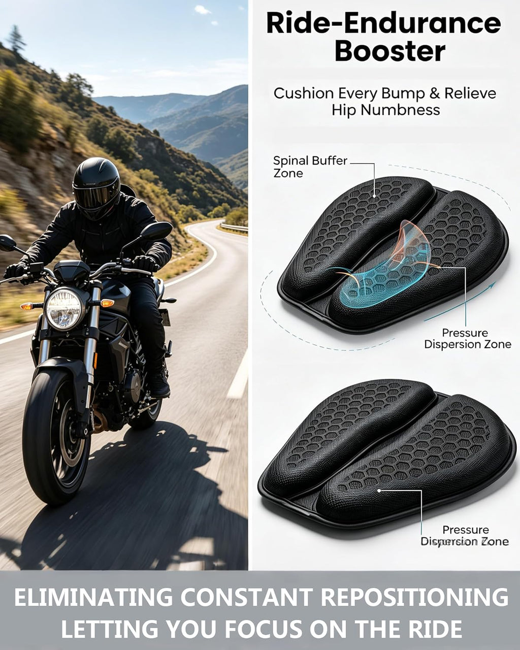 Motorcycle Seat Cushion, Hex Rider 3D Honeycomb Cushion | Tailbone Cutout Pressure Relief Cooling Seat Pad Protect Sensitive Areas Universal Shock Absorbing Non‑Slip for Long Distance