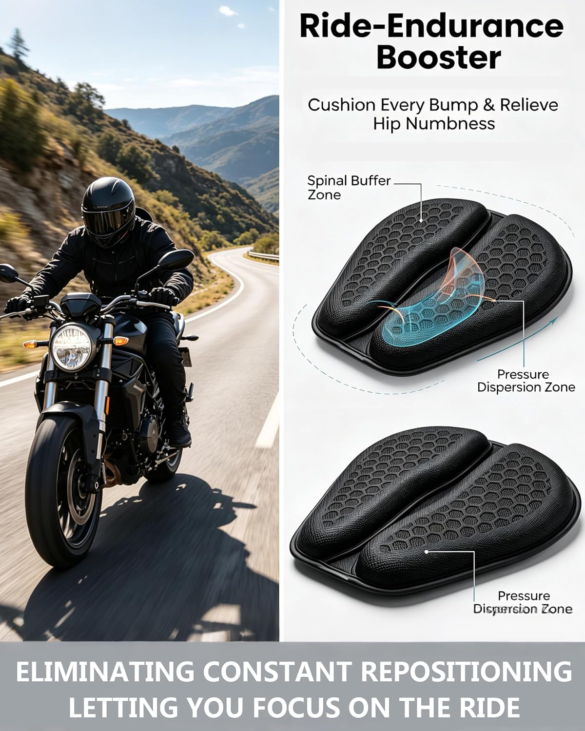 Motorcycle Seat Cushion, Hex Rider 3D Honeycomb Cushion | Tailbone Cutout Pressure Relief Cooling Seat Pad Protect Sensitive Areas Universal Shock Absorbing Non‑Slip for Long Distance