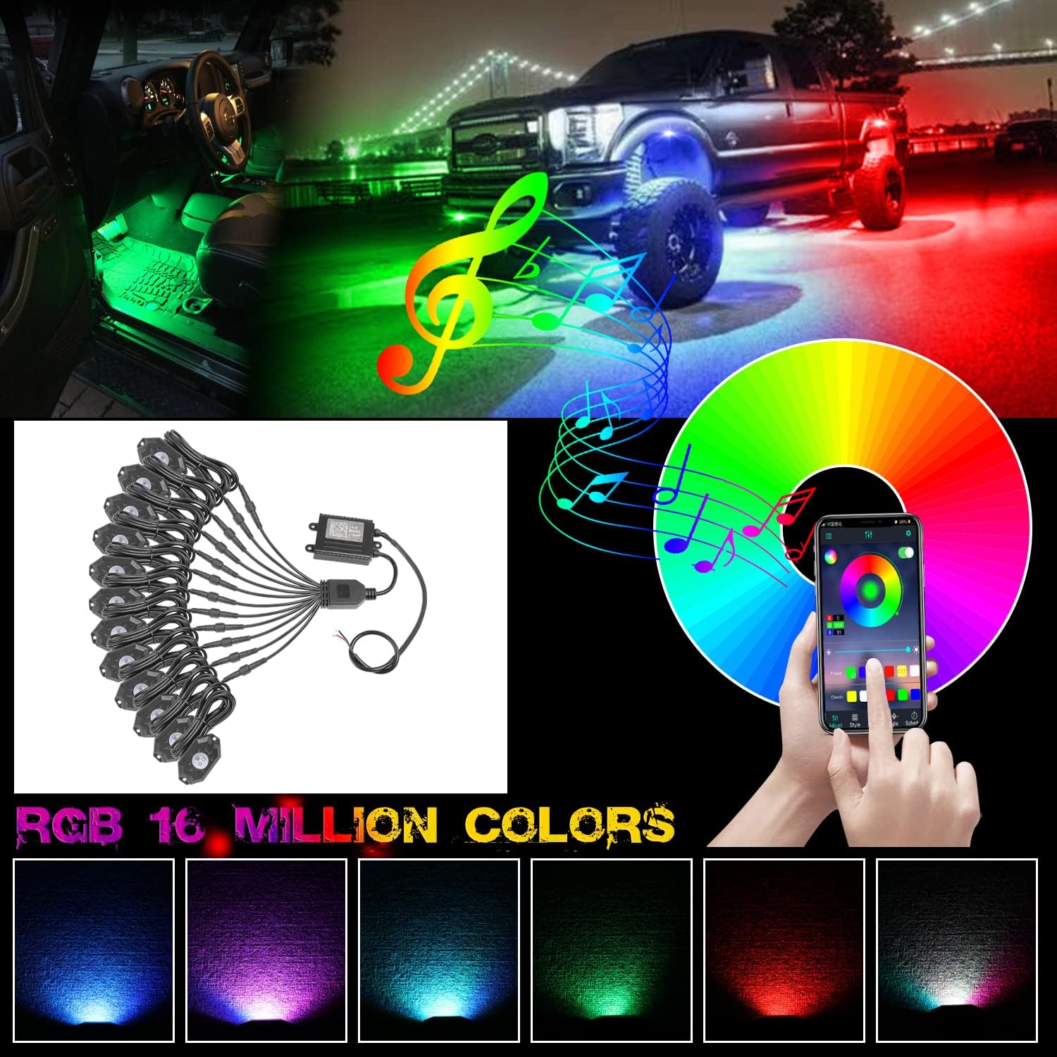 OFFROADTOWN 12 pods LED Rock Lights RGB Multicolor Neon Trail Rig Lights Underglow Wheel Well Light with Bluetooth App Control for Truck Pickup Tundra Dodge GMC UTV ATV