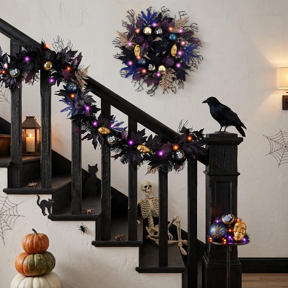 DecorbyHannah 6ft Halloween Garland for Mantle with Lights Black Leaf Decor