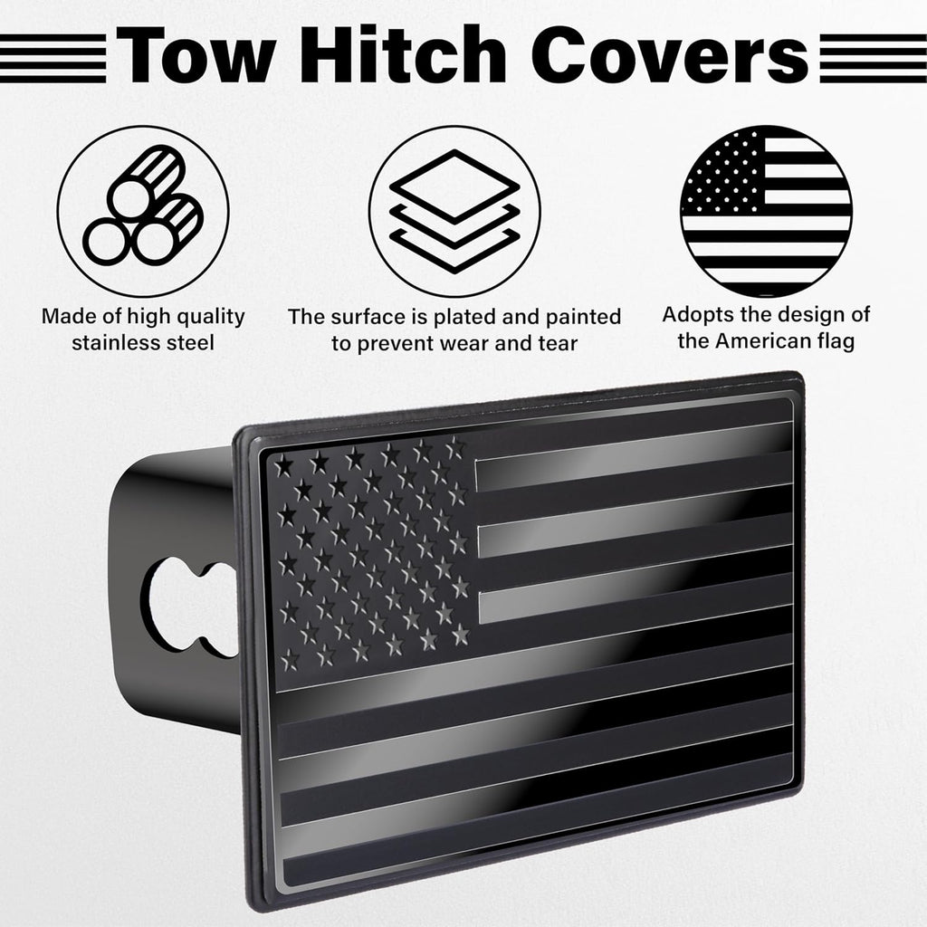 BFXM 2 Inch Trailer Hitch Cover, American Flag Stainless Steel Metal Hitch Cover with 5/8 Inches Pin Diameter Trailer Hitch Lock, Trailer Plug Receiver and Tow Cap for Truck Accessories