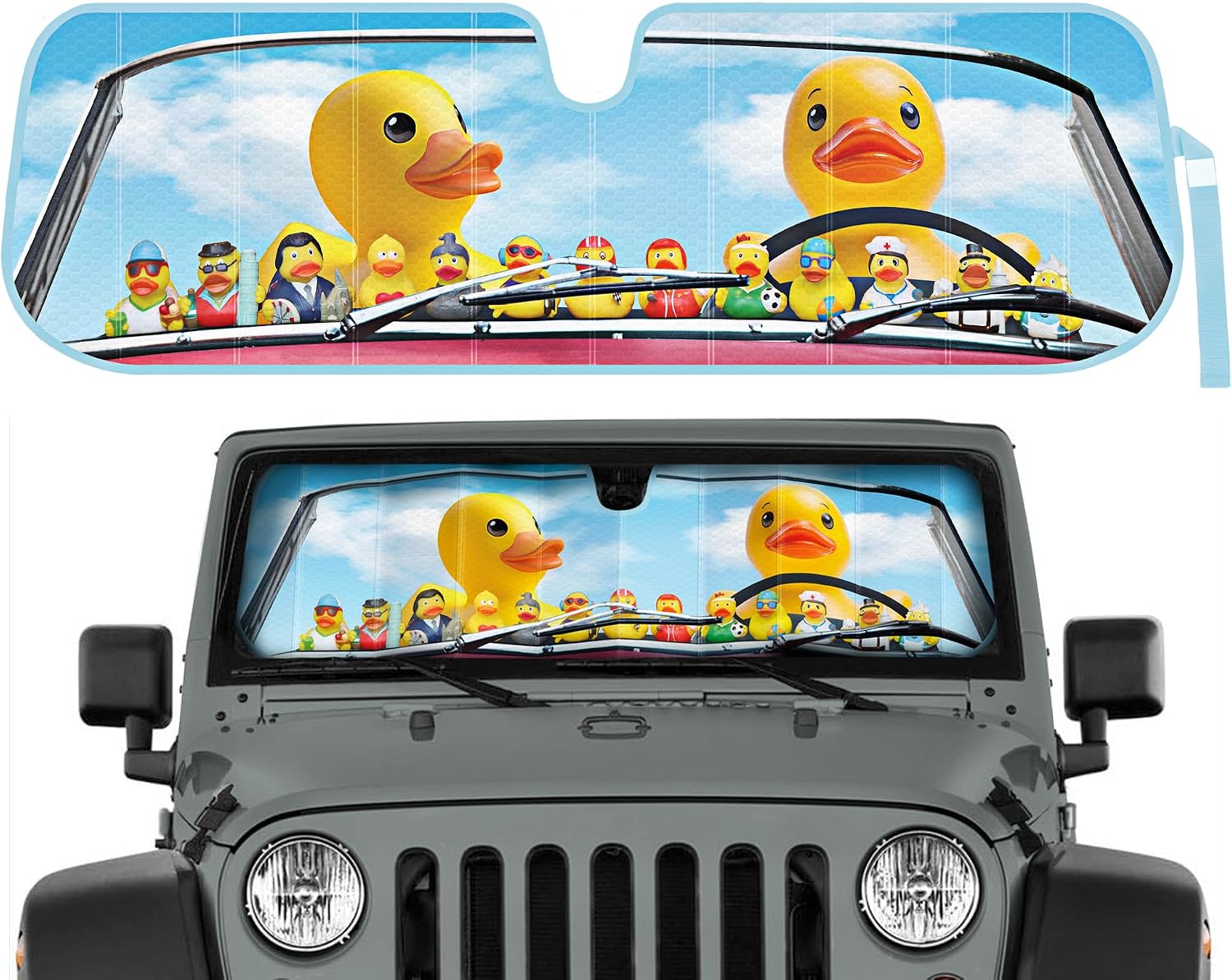 Duck Duck Jeep Sun Shade Fits 1987-2021 Jeep Wrangler JK, JL, CJ, YJ, TJ & 2020-2021 Gladiator - Custom Fit Windshield Sunshade Foldable Accordion Interior UV Protection Sun Window Visor 53” x 16.5”