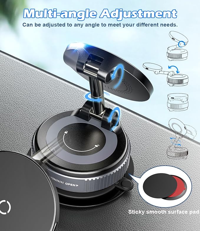 15W Wireless Charger Magnetic Car Phone Holder 360° Adjustable & Foldable Car - Image 3