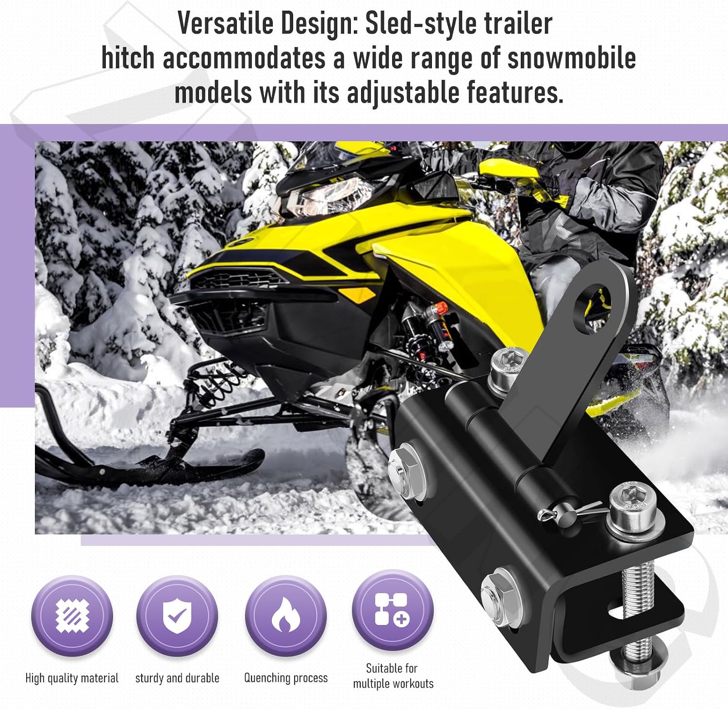 Universal Snowmobile Bumper Hitch Kit - Adjustable Heavy-Duty Steel Sled Trailer Towing Hook Kit Compatible with Polaris, Ski-Doo, Yamaha, Arctic Cat Tongue Type Snowmobile and More