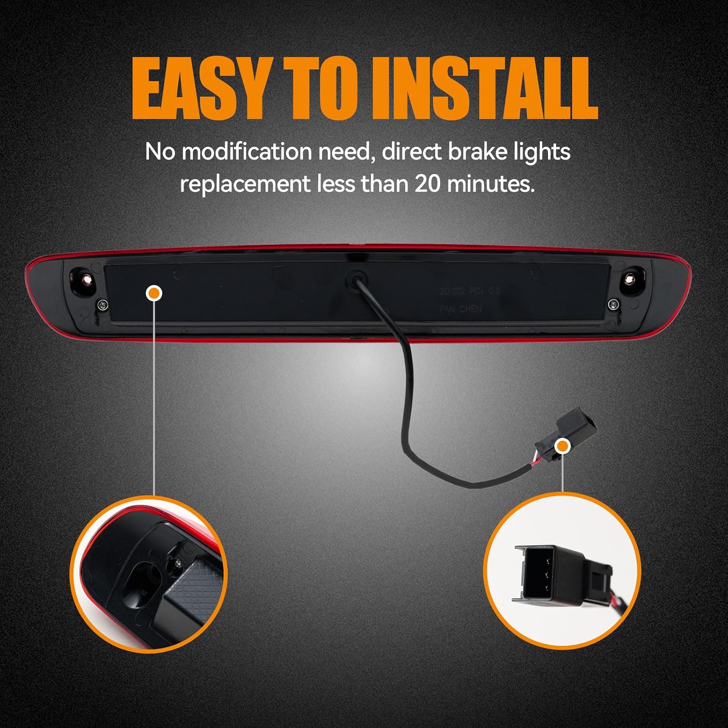 Third 3rd Brake Light, LED High Mount Stop Light for 2007-2013 Chevy Silverado/GMC Sierra 1500 2500HD 3500HD, Rear Center Cab Roof Tail Cargo Lamp, Red Lens