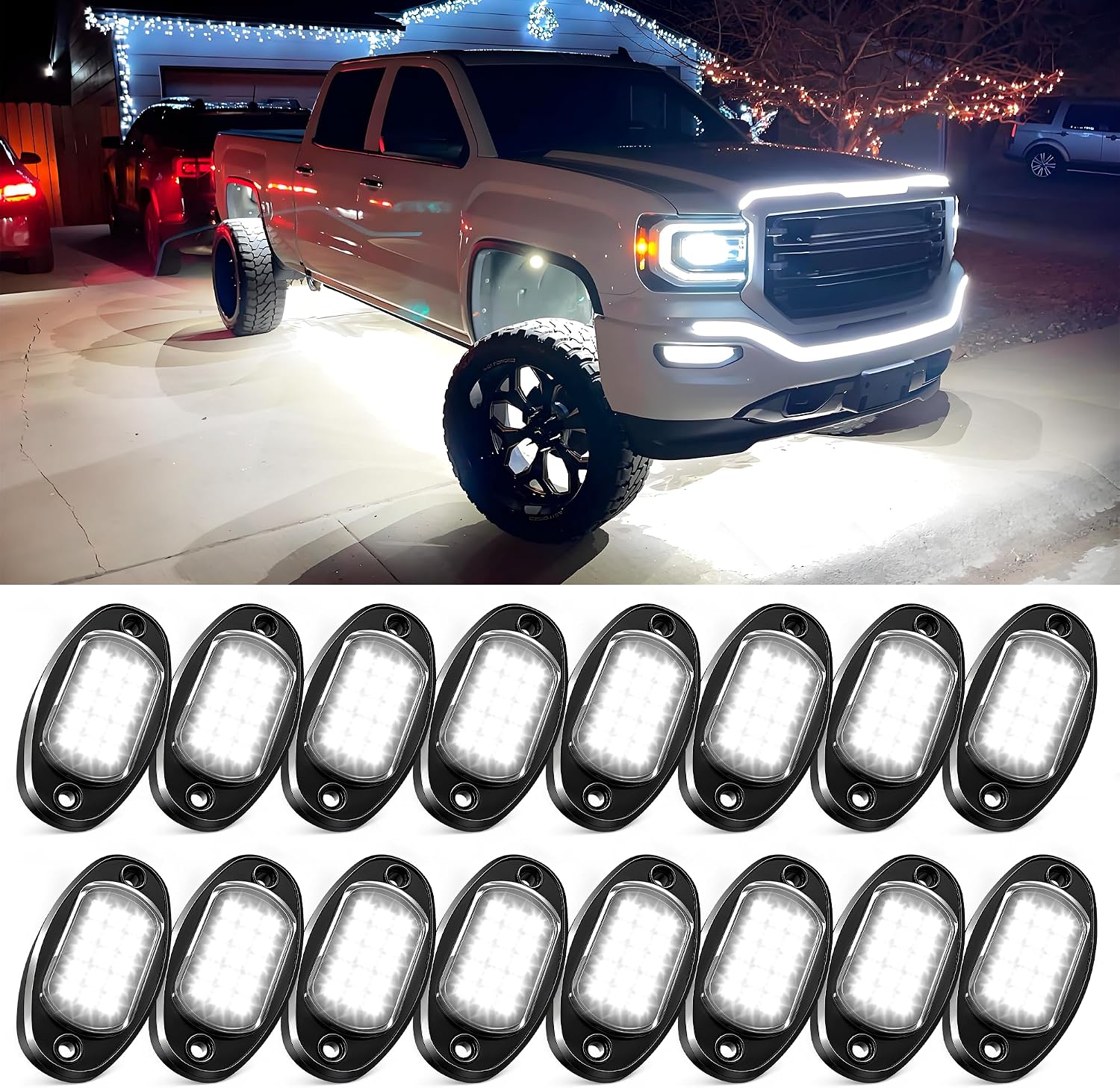 MICTUNING Upgraded 240 LEDs 16 Pods Pure White Ultra Bright Rock Lights Kit | 6000K Pure White, 160° Wide-Angle Illumination, Wide Applications, for UTVs, RVs and Motorcycles