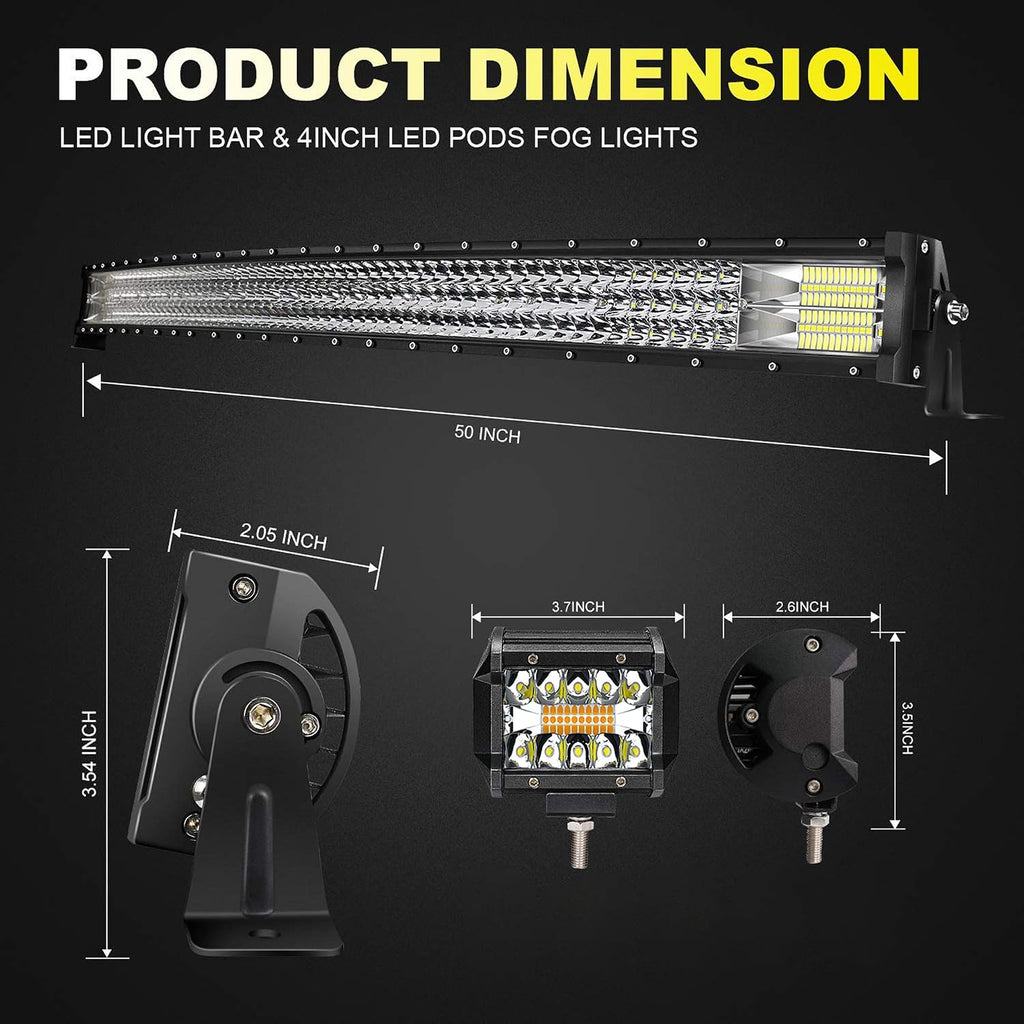 led light bar 3-row 50inch curved+ 2x4'' amber/white shown in use
