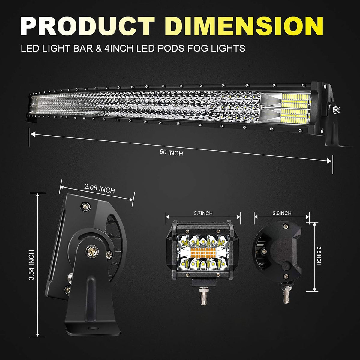 led light bar 3-row 50inch curved+ 2x4'' amber/white shown in use