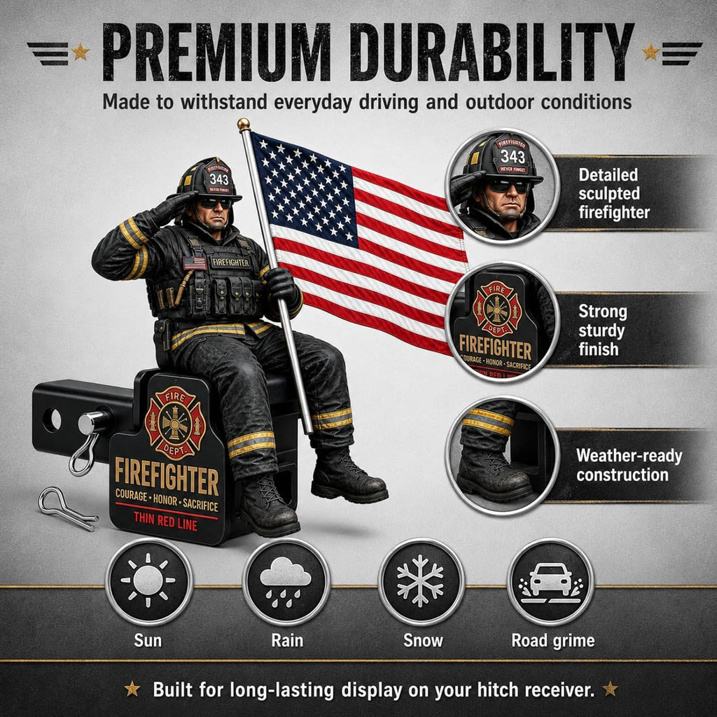 Firefighter Thin Red Line Tribute Trailer Hitch Cover,New Hitch Cover with Saluting Firefighter & American Flag, Fits 1.25" & 2" Hitch Receivers for Pickup,SUVs,Trucks,Jeeps (2 Inch Tube)