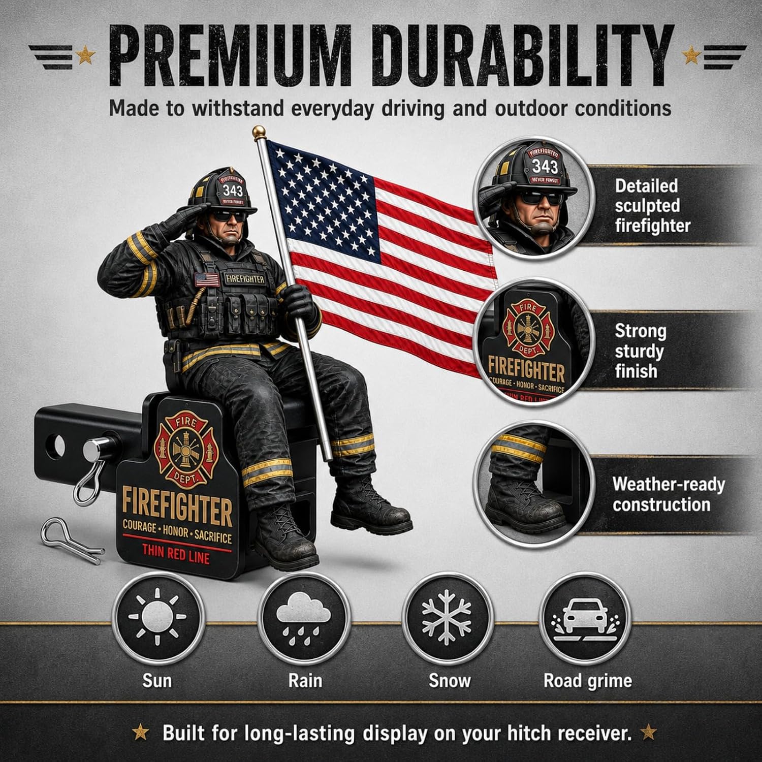 Firefighter Thin Red Line Tribute Trailer Hitch Cover,New Hitch Cover with Saluting Firefighter & American Flag, Fits 1.25" & 2" Hitch Receivers for Pickup,SUVs,Trucks,Jeeps (2 Inch Tube)