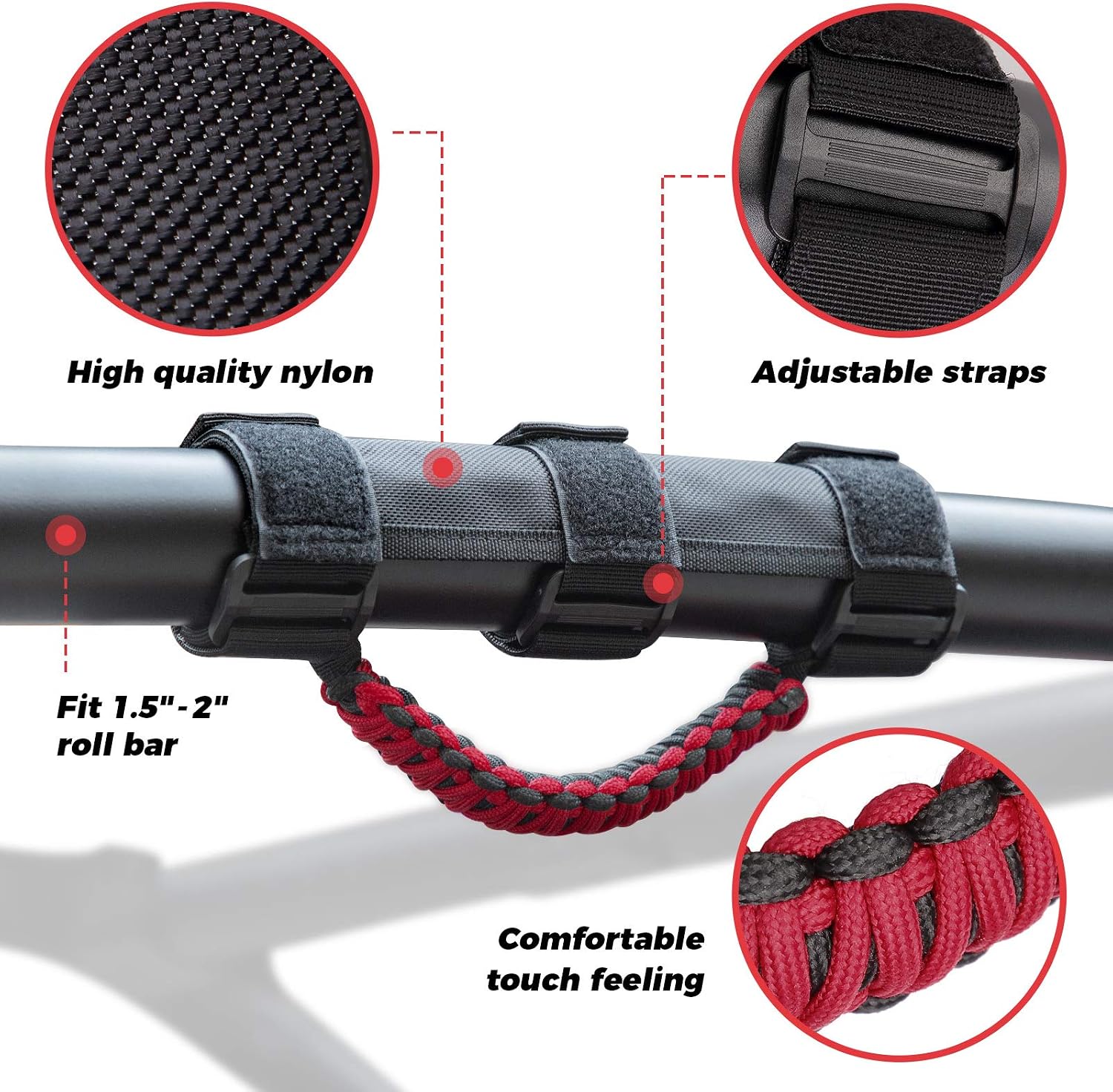 KEMIMOTO UTV Grab Handles, Triple Straps Absorb Sweat Breathable Red Paracord Hand Grip for 1.5 to 2'' Roll Bar Compatible with Polaris RZR, Mavericks, UForce, Talon Pioneer, Mule, 2Pack