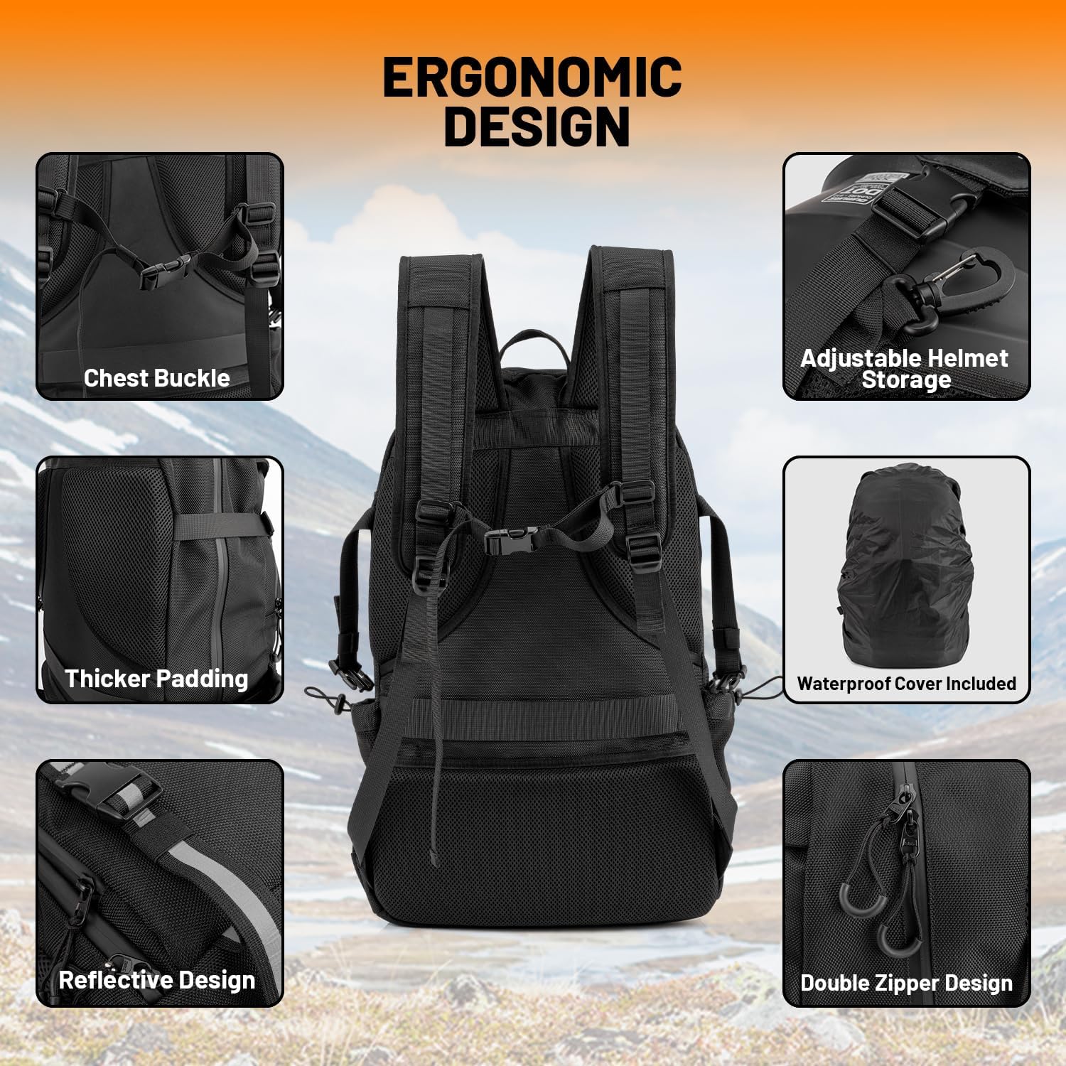 Oumurs Motorcycle Helmet Backpack 50L, Expandable Helmet Bag with Rain Cover, Water-Resistant Black 1680D Oxford Fabric, USB Port, Helmet Strap, Large Capacity for Motorbike Travel & Commuting