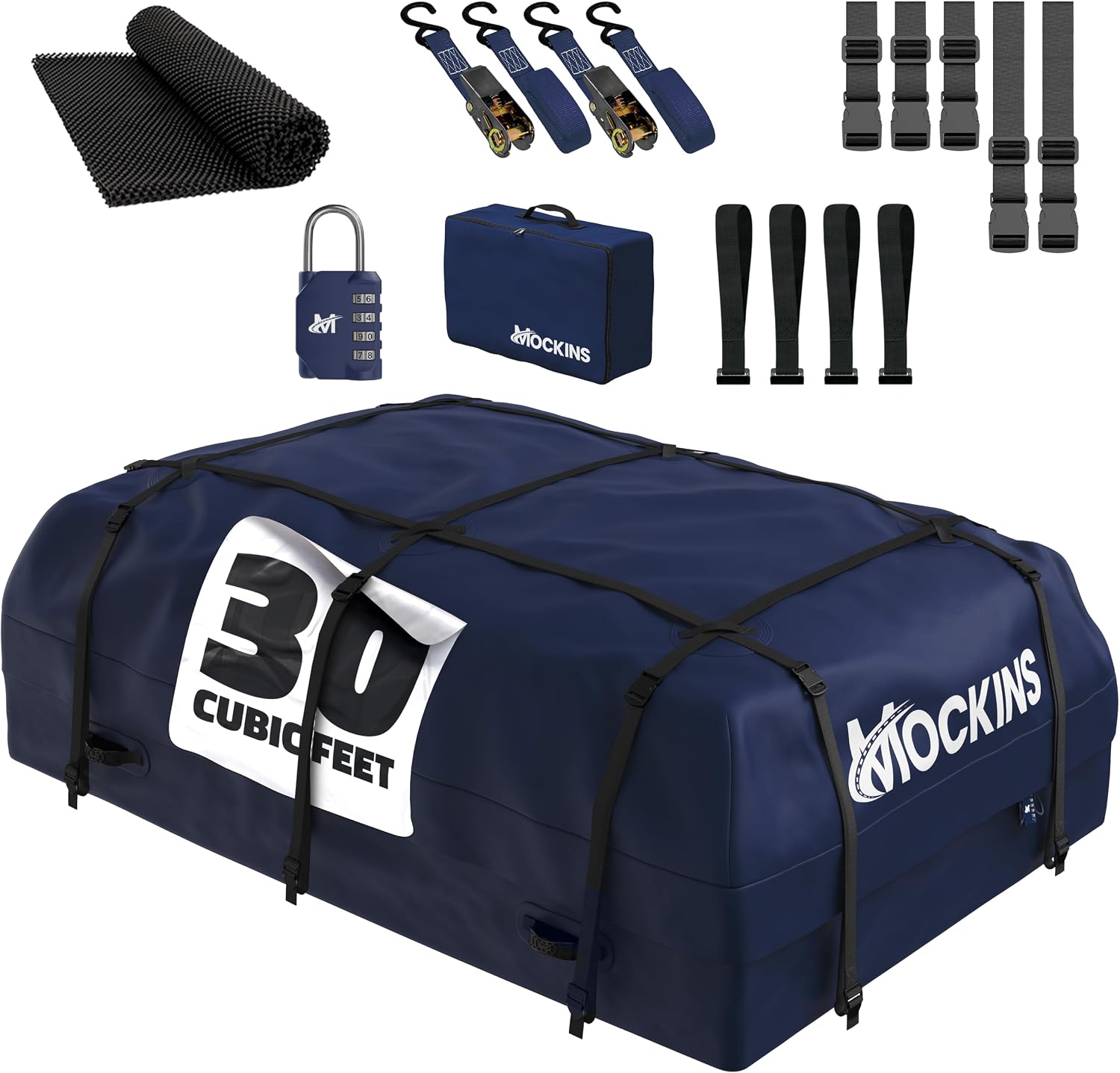 Mockins 30 Cu Ft Navy Blue Heavy Duty Rooftop Cargo Carrier Bag 60"x43"x20" | 840D Car Top Carrier Without Roof Rack | Waterproof Soft Roof Cargo Bag for Top of Car Storage w/Mat, Lock, Hooks & Straps