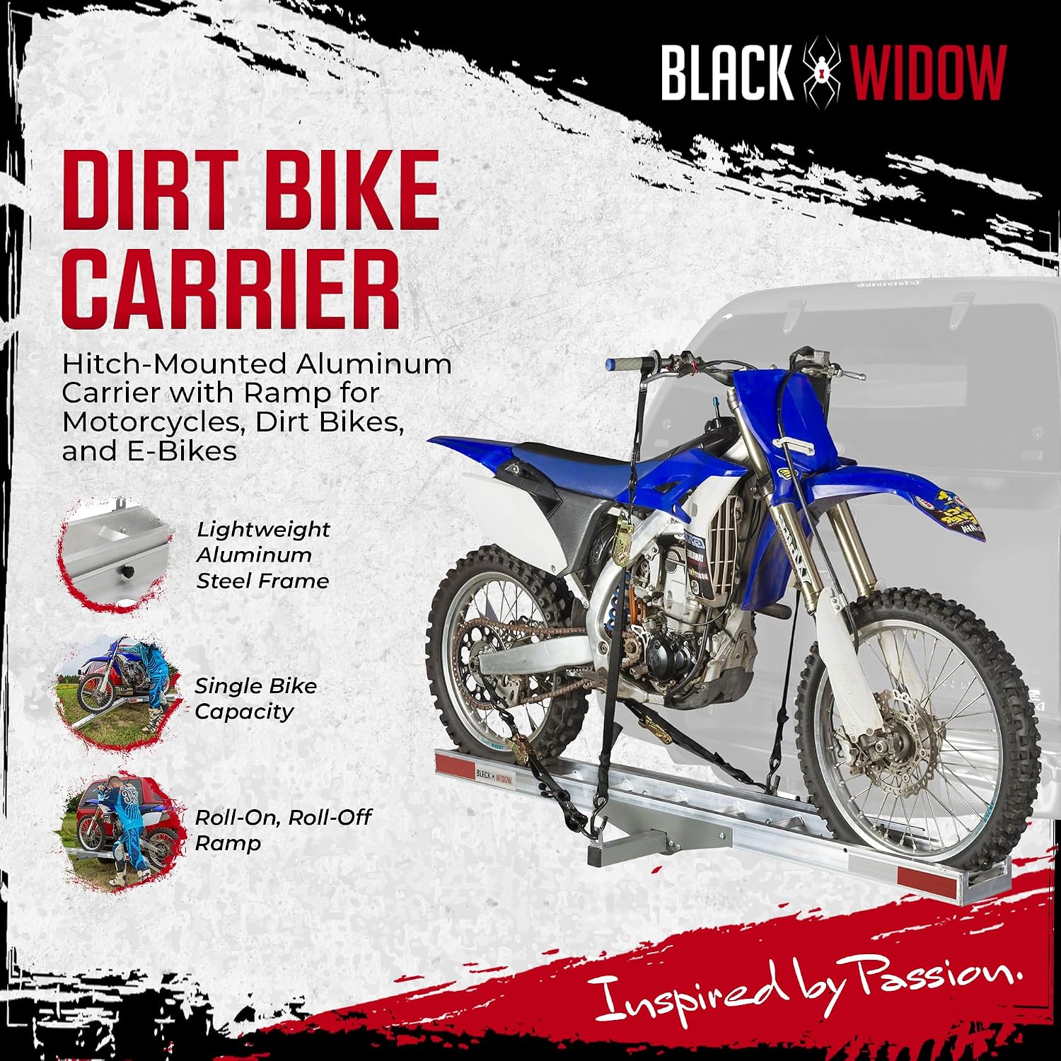 Black Widow Aluminum Dirt Bike Hitch Carrier with Ramp for Truck & SUV, 400-Pound Capacity - Non-Folding Motorcycle, eBike & Fat Tire Bike Hauler, Fits 2-Inch Class III/IV Receiver
