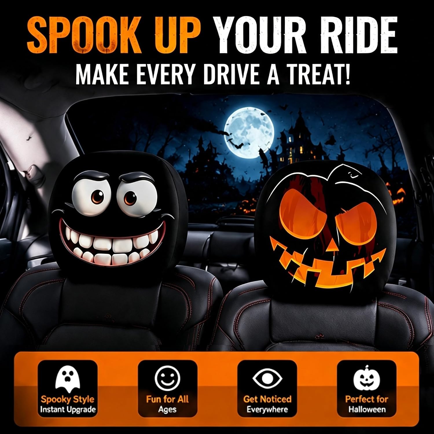 4 Pcs Ghost face Headrest Covers for Cars, Universal Spooky Halloween Auto Interior Decor, Funny Cartoon Creepy Car Head Rest Protector Case for Vehicle Truck SUV (Set A)