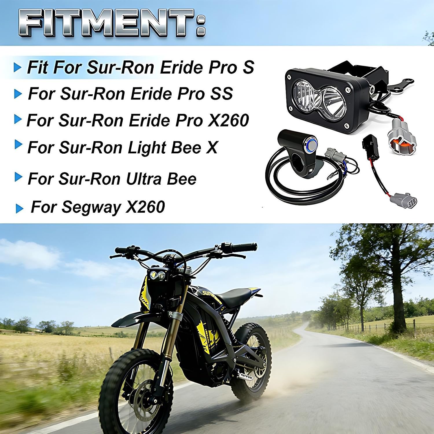 Headlight Kit 6000-6500K Crystal White LED Light Bar with Switch for Sur-Ron eRide Pro S, SS, X260, Light Bee X, Ultra Bee & Segway X260 - Dirt Bike Baja Spot Flood Combo, Plug & Play