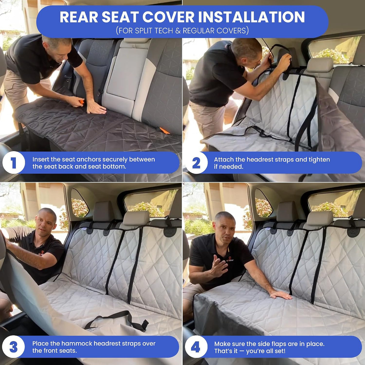 4knines heavy-duty rear seat cover for dogs, black, front angle view