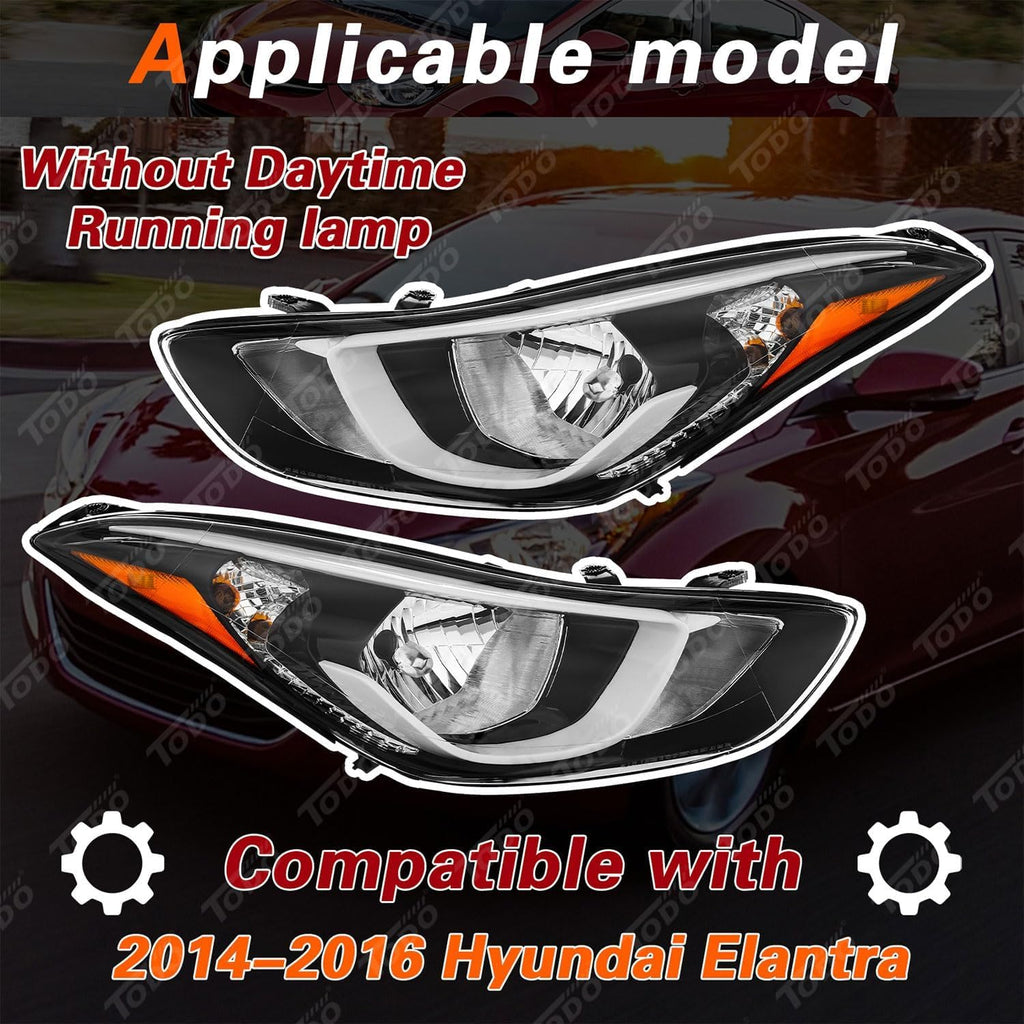 TODO Headlights Assembly Compatible with 2014 2015 2016 Hyundai Elantra, USA-BUILT Head Light Replacement with Bulbs, 921013Y500 921023Y500 Passenger & Driver Side Pair