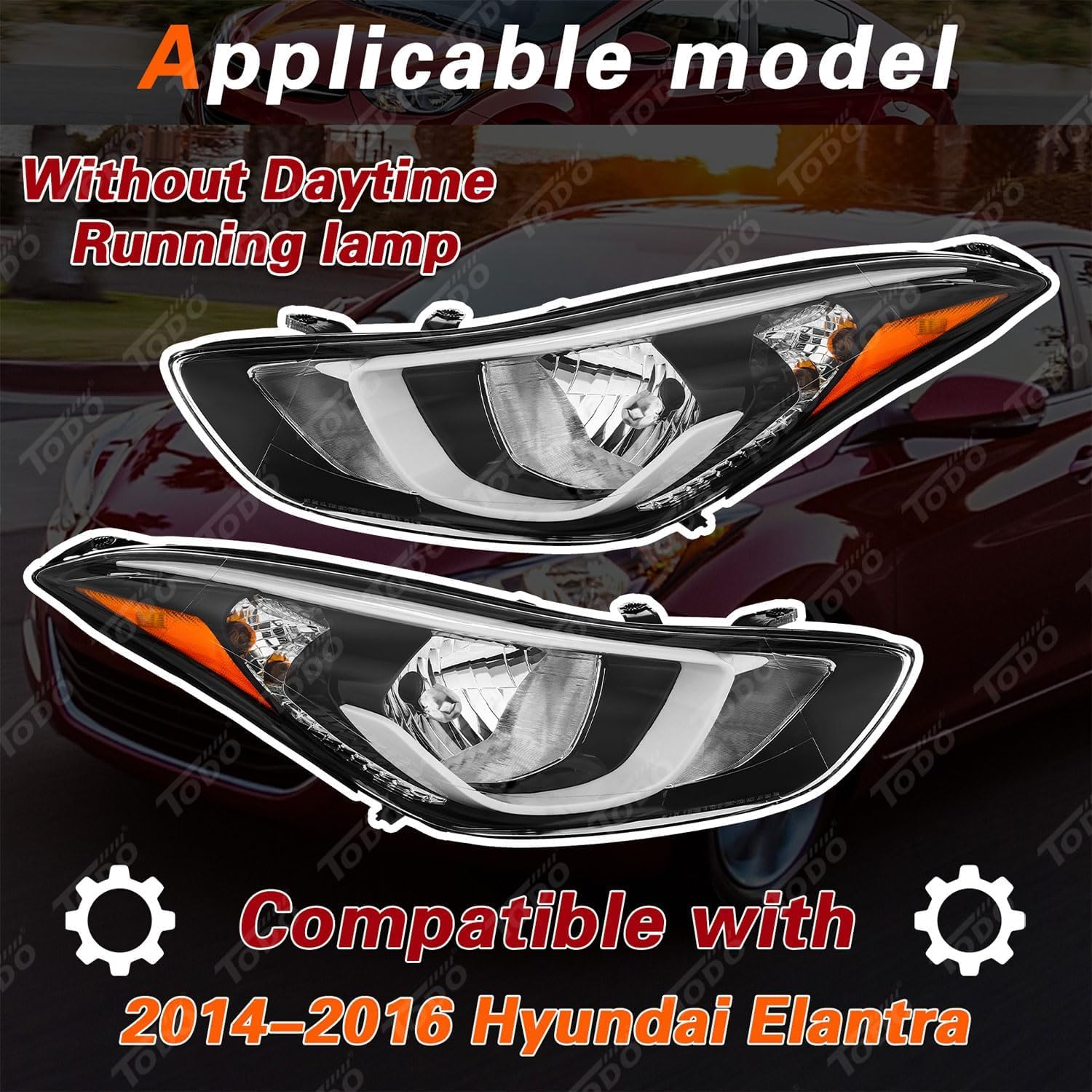 TODO Headlights Assembly Compatible with 2014 2015 2016 Hyundai Elantra, USA-BUILT Head Light Replacement with Bulbs, 921013Y500 921023Y500 Passenger & Driver Side Pair
