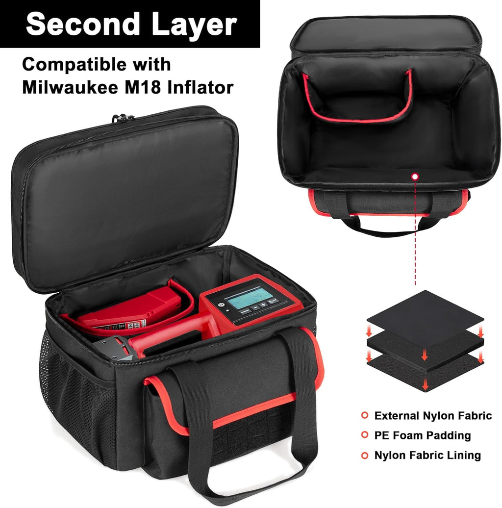 Rexmica Air Compressor Carrying Bag Compatible with Milwaukee M18 18V Cordless Tire Inflator 2848-20, Tire Inflator Storage Bag Fit for Milwaukee M18 Inflator, Hand Tools, Battery, Charger, Black