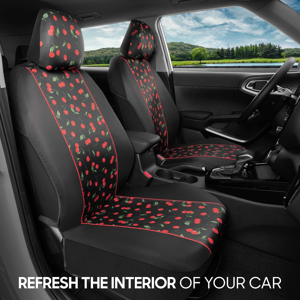 bdk red cherry car seat covers for front shown in use